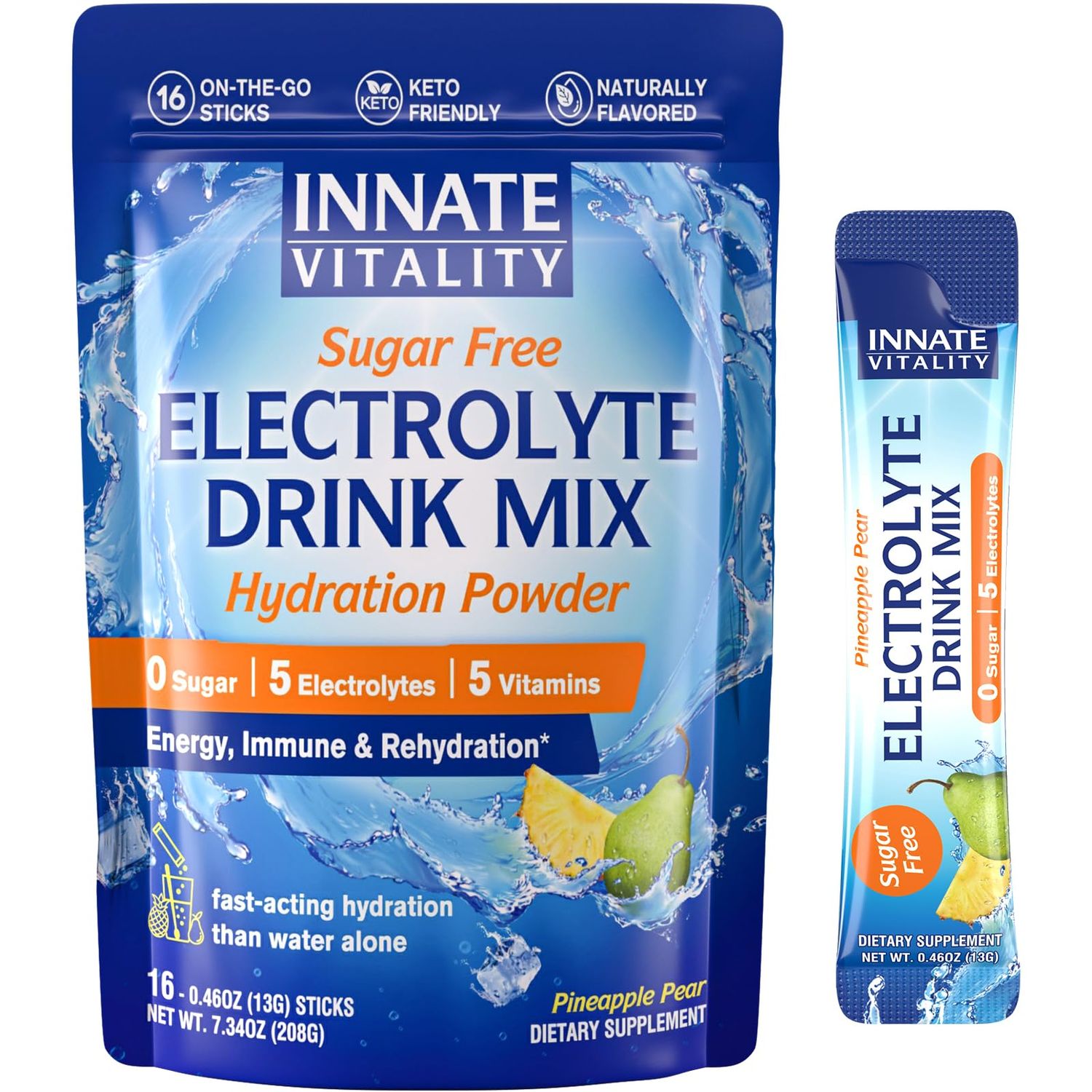 Innate Vitality Electrolytes Powder Packets, No Sugar, 5 Keto Electrolytes Vitamins, Hydration Powder Packets, Easy to Dissolve, Natural Pineapple Pear Flavor, 16 Stickpacks