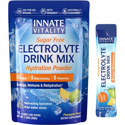 Innate Vitality Electrolytes Powder Packets, No Sugar, 5 Keto Electrolytes Vitamins, Hydration Powder Packets, Easy to Dissolve, Natural Pineapple Pear Flavor, 16 Stickpacks