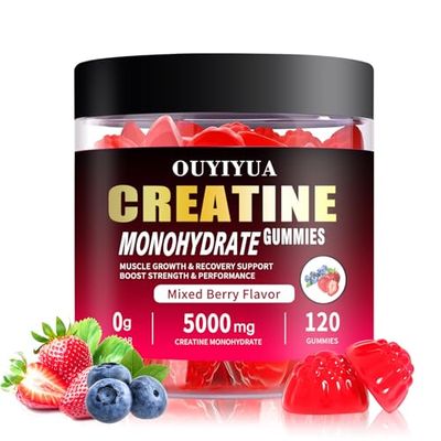 OUYIYUA Creatine Monohydrate Gummies 5000mg for Men Women - Sugar Free Pre-Workout Supplement, Chewables for Muscle Strength, Muscle Builder, Energy Boost, Mixed Berry Flavor, 120 Count