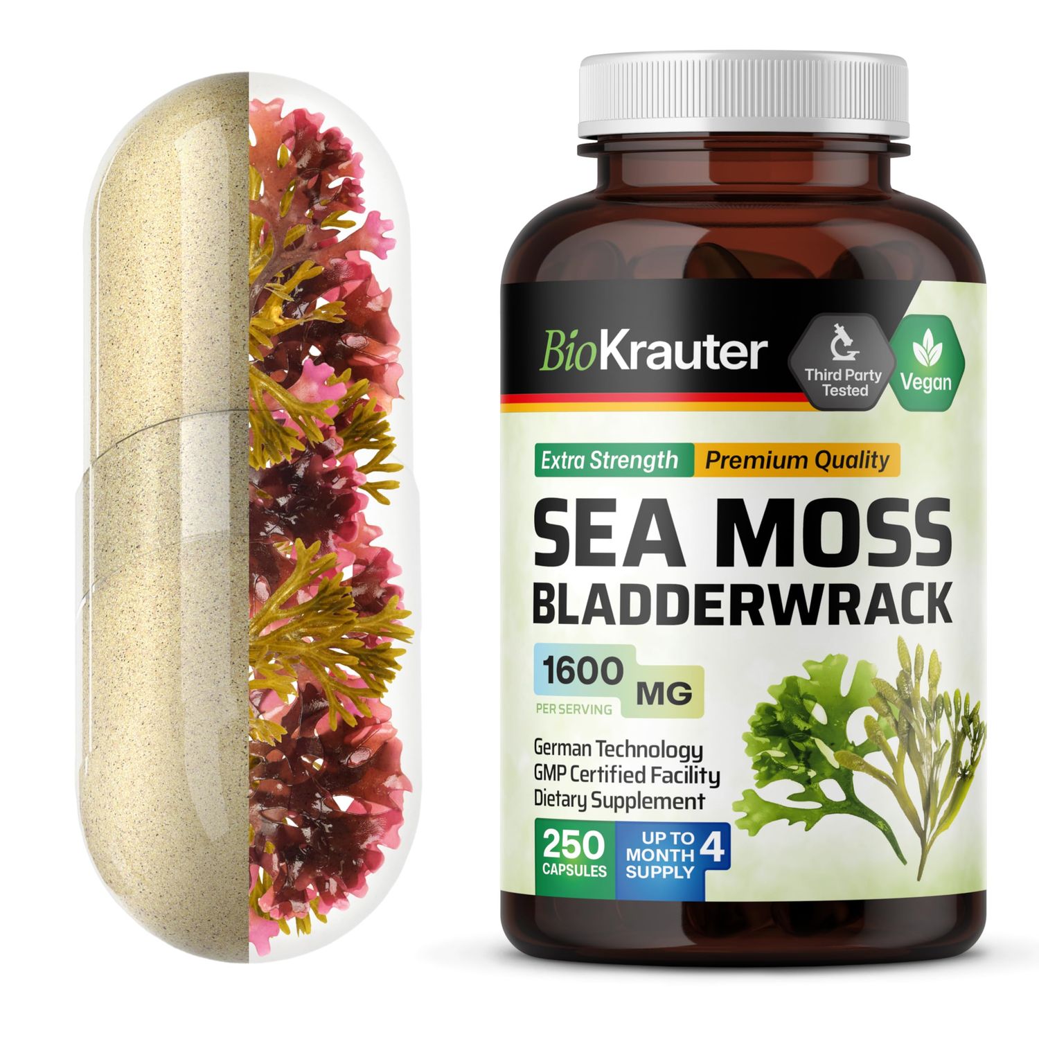 BIO KRAUTER Irish Sea Moss Capsules 1600 mg - 250 Count - Vegan Bladderwrack with Chondrus Crispus Sea Moss Supplement