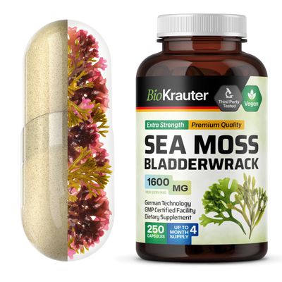 BIO KRAUTER Irish Sea Moss Capsules 1600 mg - 250 Count - Vegan Bladderwrack with Chondrus Crispus Sea Moss Supplement