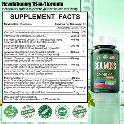 Sea Moss 12000mg Black Seed Oil 6000mg Ashwagandha 3000mg Turmeric 1000mg Bladderwrack 2000mg Burdock 3000mg Vitamin C D3 with Elderberry Manuka Dandelion Yellow Dock Iodine Chlorophyll ACV