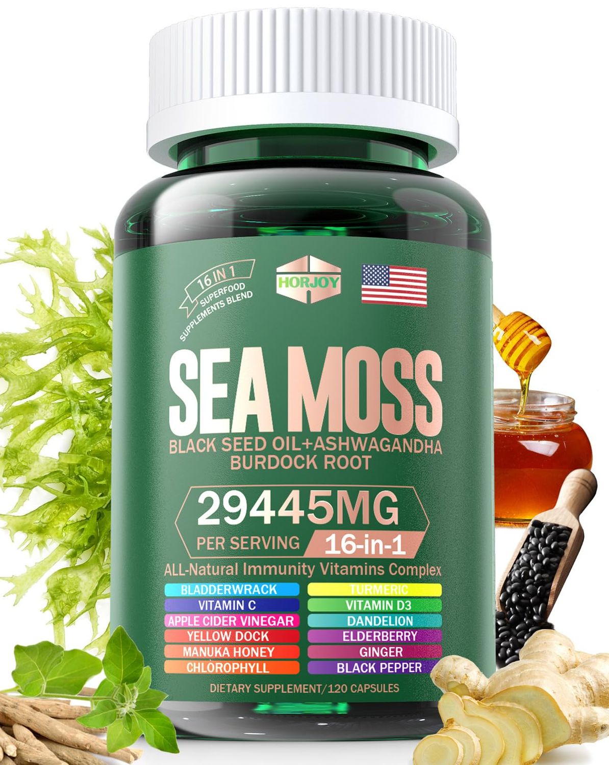 Sea Moss 12000mg Black Seed Oil 6000mg Ashwagandha 3000mg Turmeric 1000mg Bladderwrack 2000mg Burdock 3000mg Vitamin C D3 with Elderberry Manuka Dandelion Yellow Dock Iodine Chlorophyll ACV