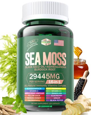 Sea Moss 12000mg Black Seed Oil 6000mg Ashwagandha 3000mg Turmeric 1000mg Bladderwrack 2000mg Burdock 3000mg Vitamin C D3 with Elderberry Manuka Dandelion Yellow Dock Iodine Chlorophyll ACV