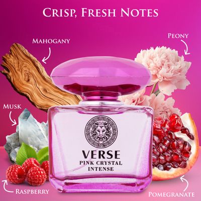 Verse Pink Crystal Intense for Women 3.4 fl Oz - Fruity Floral Scents of Raspberry, Peony, Magnolia Lotus Flowers - Base Notes of Amber, Vibrant Musk Deep Mahogany Wood - Elegant 100ml Bottle