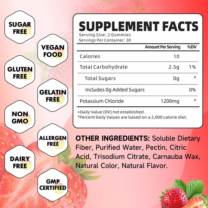 2 Pack Potassium Gummies for Adults, Potassium Chloride Gummies 1200mg Support Leg Cramps Electrolyte Balance, Strawberry Flavor 120 Count