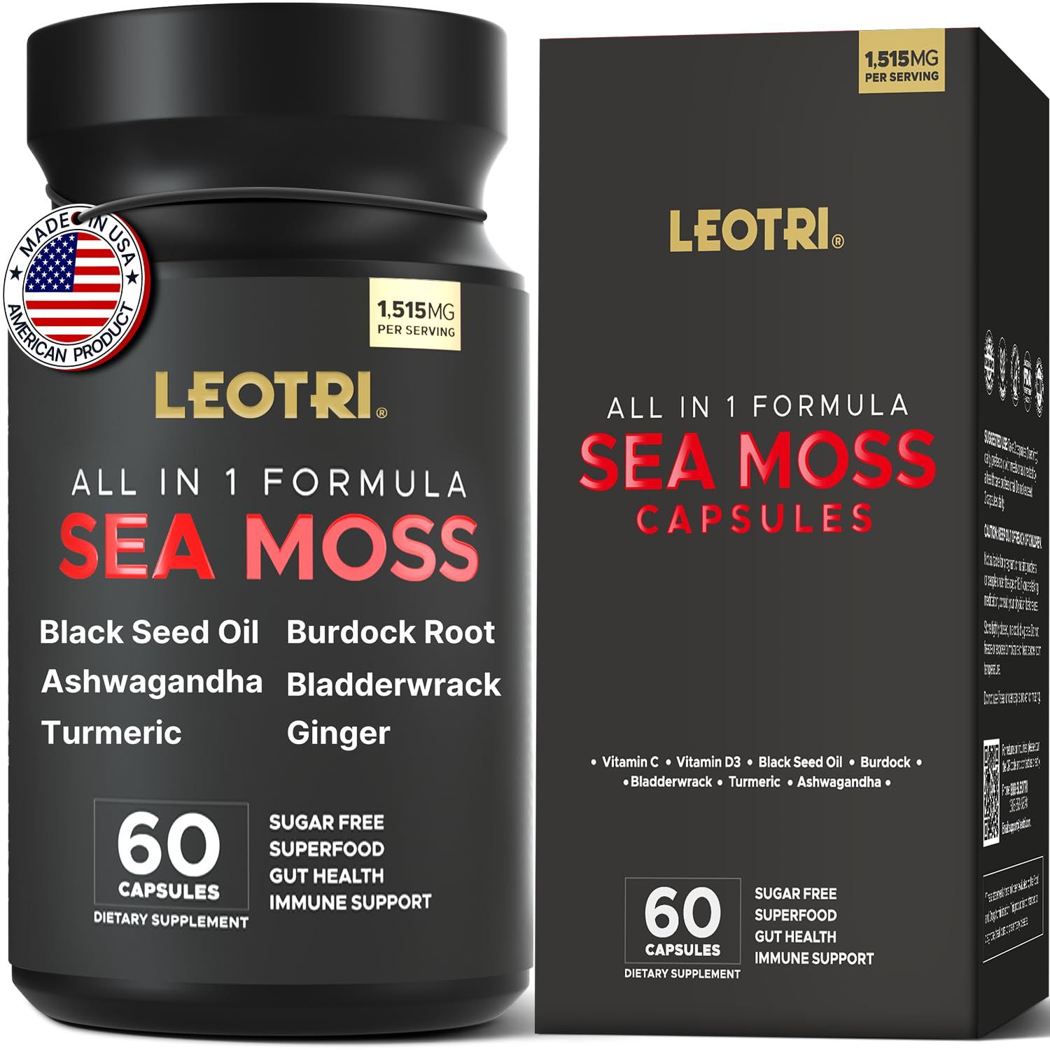 Organic Irish Sea Moss Capsules Sea Moss 10500mg Black Seed Oil 6000mg Turmeric 3000mg Ashwagandha 3000mg Bladderwrack 3000mg Burdock Root 3000mg Ginger for Skin Gut Health Superfood 60 Capsules