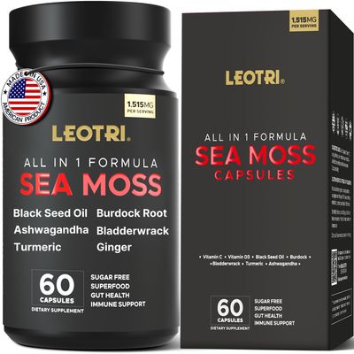 Organic Irish Sea Moss Capsules Sea Moss 10500mg Black Seed Oil 6000mg Turmeric 3000mg Ashwagandha 3000mg Bladderwrack 3000mg Burdock Root 3000mg Ginger for Skin Gut Health Superfood 60 Capsules