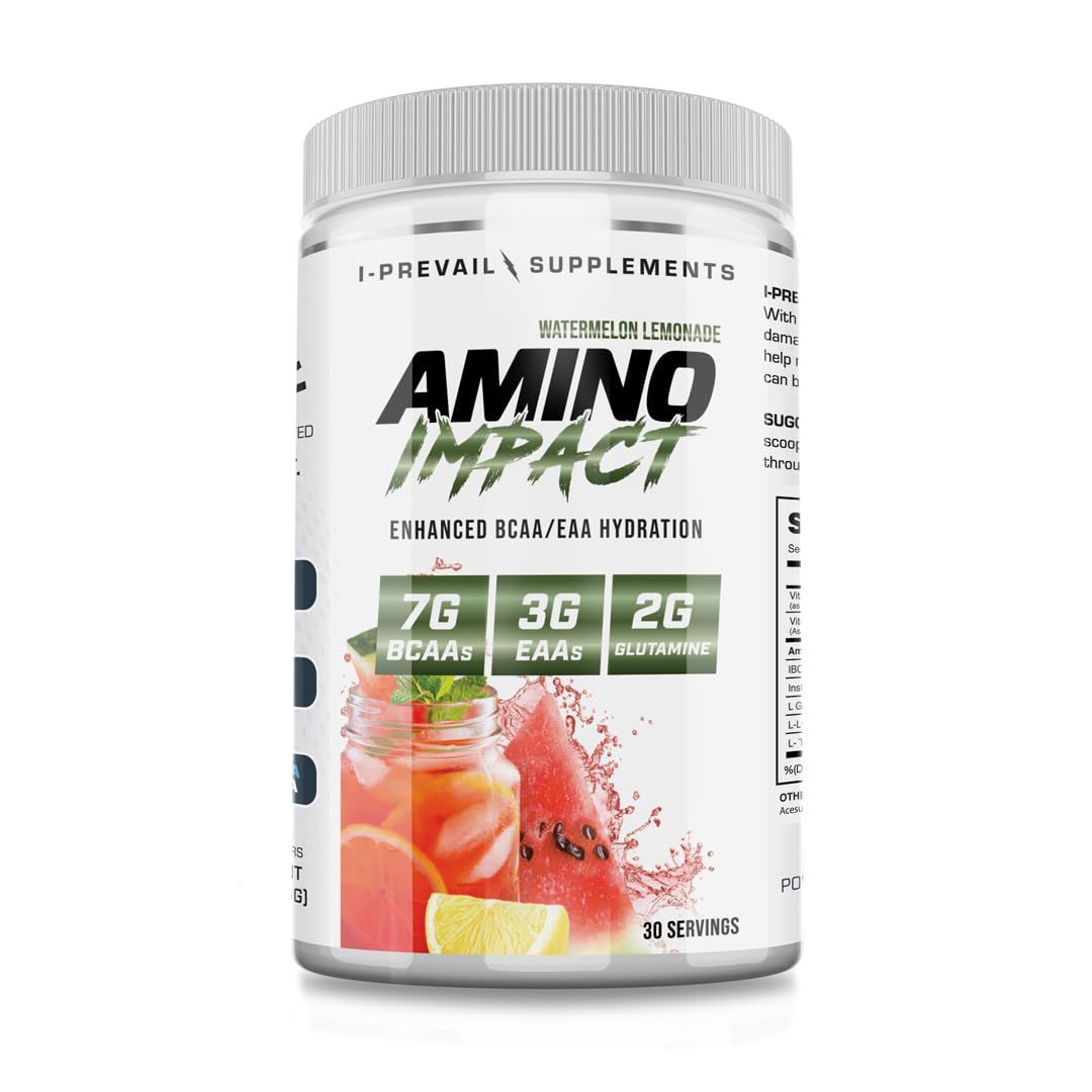 I-Prevail Supplements Amino Impact BCAA - EAA Enhanced Hydration Recovery Endurance Keto Friendly Formula 7g BCAAs - 3g EAAs Plus 2g Glutamine 30 Serving (Watermelon Lemonade)