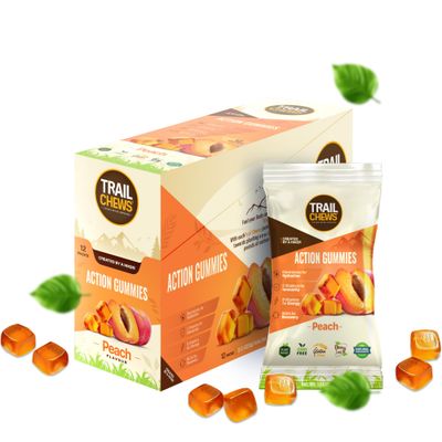 Trail Chews - Peach Flavor - 4-in-1 Energy Gummies for Energy, Hydration, Immunity, Recovery. Boosts Endurance and Performance. Plant-Based Gluten-Free. 12 Bags, 10 Gummies Each.