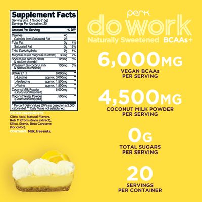 Perk Do Work BCAAs Hydration Electrolytes Powder (Naturally Sweetened Lemon Tart Flavored, 20 Servings) - with Coconut Water Coconut Milk