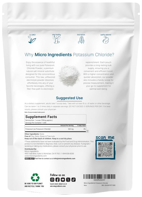 Potassium Chloride Powder, 1 KG (35 Ounce) Salt Substitute Essential Hydration Electrolyte Supplement Supports Mineral Balance, Heart, Joint, and Immune Health Filler Free, Dissolves Easily