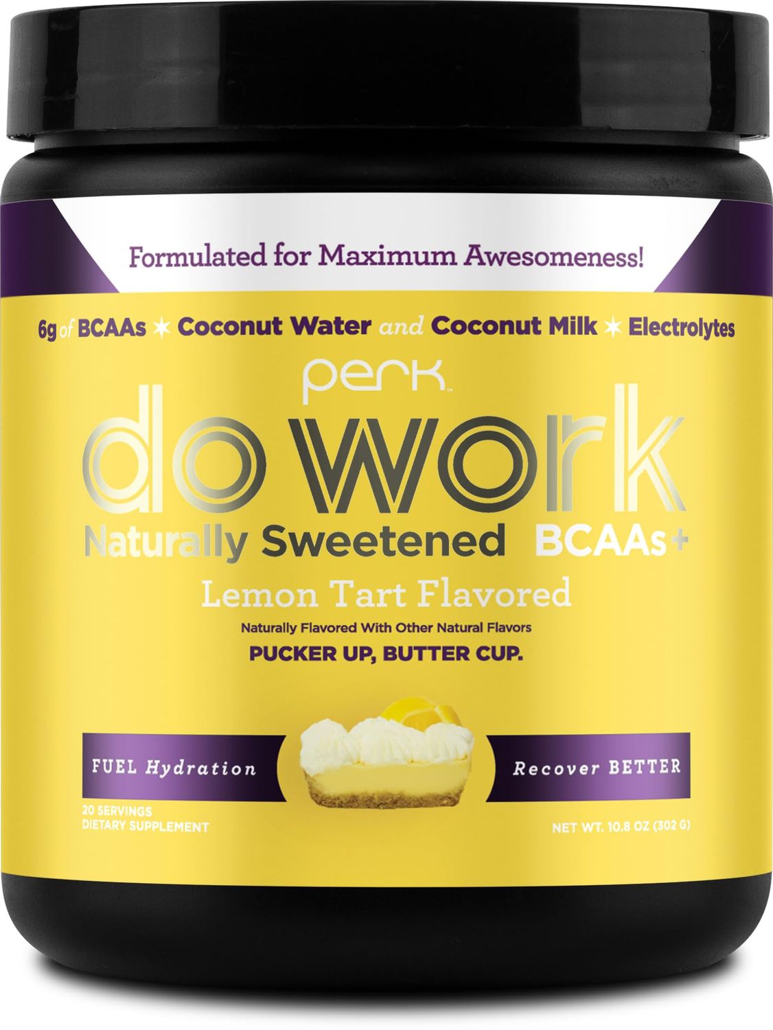 Perk Do Work BCAAs Hydration Electrolytes Powder (Naturally Sweetened Lemon Tart Flavored, 20 Servings) - with Coconut Water Coconut Milk