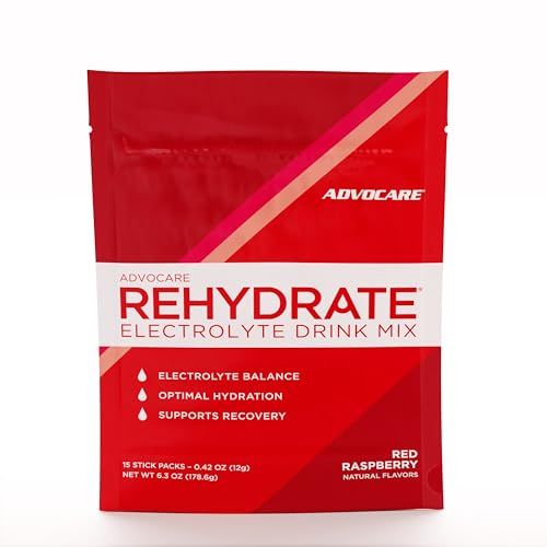 AdvoCare Rehydrate Electrolyte Drink Mix - Electrolytes Powder Packets - Drink Mix Packets - Essential Amino Acids Supplement - Powdered Drink Mix for Water - Red Raspberry - 15 Hydration Packets