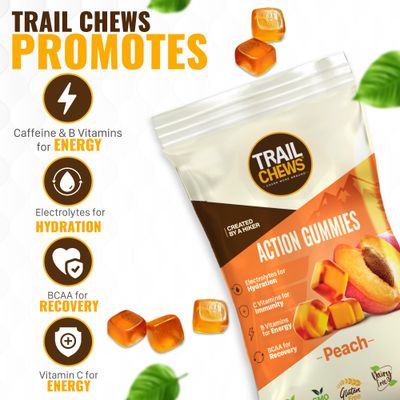 Trail Chews - Peach Flavor - 4-in-1 Energy Gummies for Energy, Hydration, Immunity, Recovery. Boosts Endurance and Performance. Plant-Based Gluten-Free. 12 Bags, 10 Gummies Each.