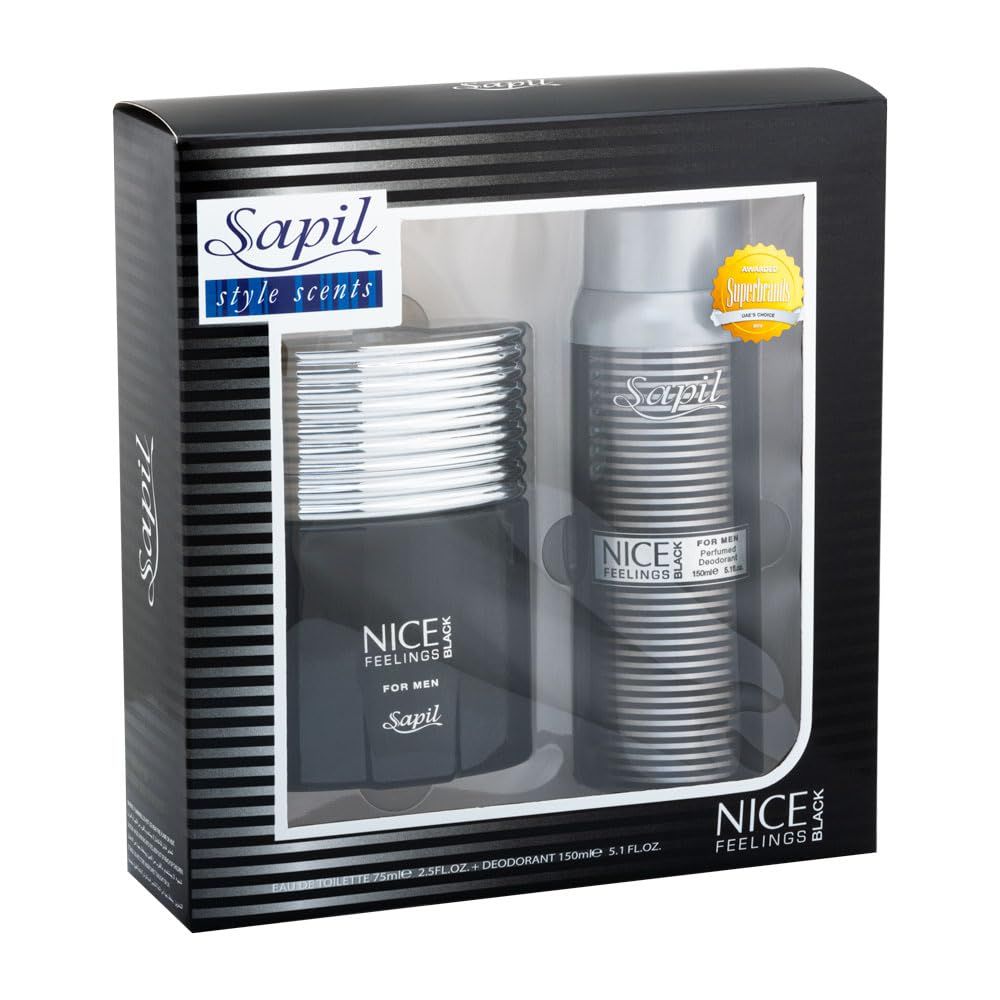 Sapil Nice Feeling Black - Eau De Toilette and Deodorant Spray For Men - Evokes Power and Sensuality - Opens with Citrus Notes - Beautiful Giftset Box - Perfect for Gift Giving Occasion - 2 Pc