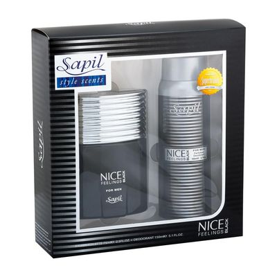 Sapil Nice Feeling Black - Eau De Toilette and Deodorant Spray For Men - Evokes Power and Sensuality - Opens with Citrus Notes - Beautiful Giftset Box - Perfect for Gift Giving Occasion - 2 Pc
