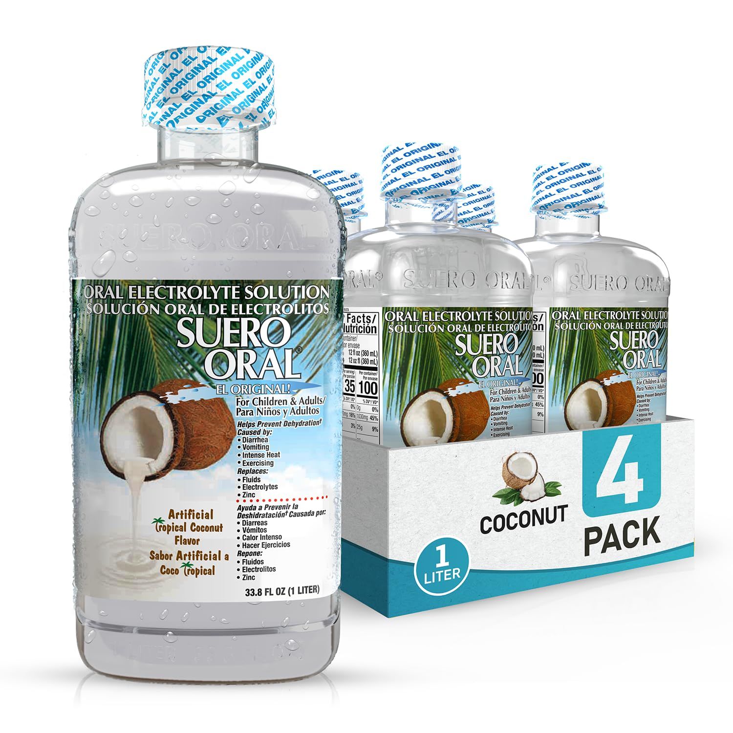 Suero Oral Electrolyte Solution - Electrolytes Drink, Hydration Booster Rehydration Drink for Kids Adults, Hydrates, Replenishes, Energizes, Coconut Flavor, 1 Liter (4 Pack)