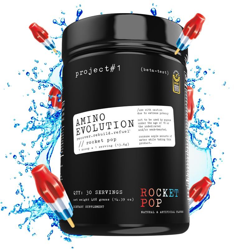 Project 1 AminoEVolution Muscle Support Recovery - BCAAs, EAAs, Electrolytes Keto Friendly Energy Boost - Pre Post Workout Powder for Men Women - RocketPop Flavor - 30 Servings