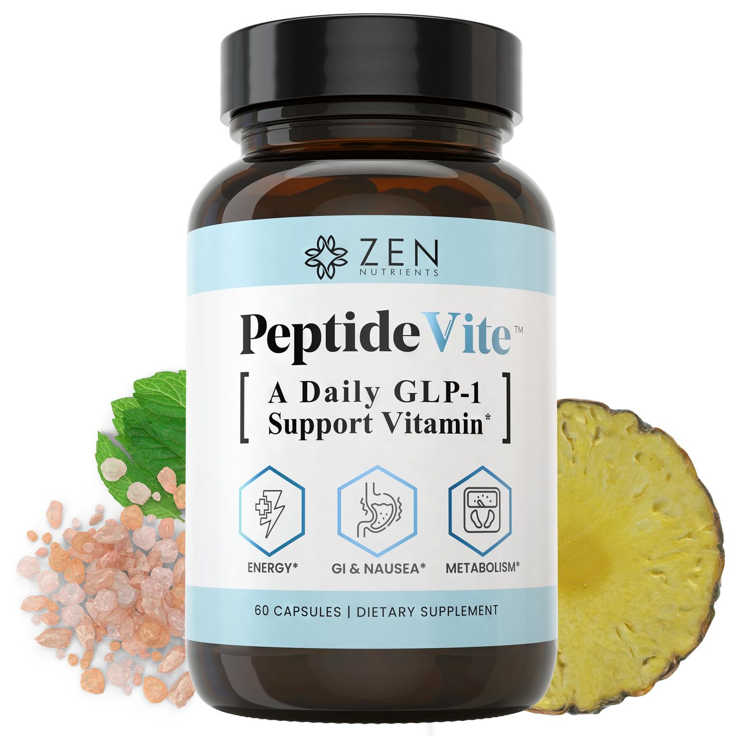 Zen Nutrients PeptideVite GLP-1 Support Vitamin for Gut Health with Probiotics, Bromelain, Chromium Picolinate Organic Ginger (60 Capsules)