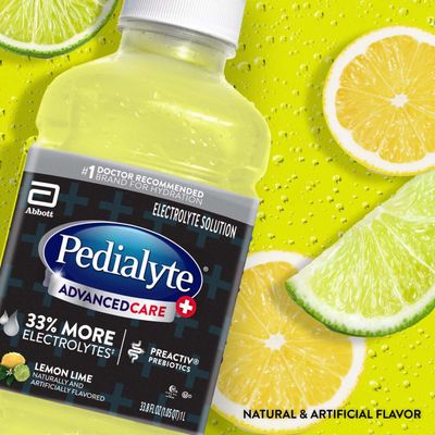 Pedialyte AdvancedCare Plus Electrolyte Hydration Drink Has 33 More Electrolytes and Has PreActiv Prebiotics Lemon Lime 1 Liter, Pack of 4