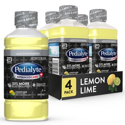 Pedialyte AdvancedCare Plus Electrolyte Hydration Drink Has 33 More Electrolytes and Has PreActiv Prebiotics Lemon Lime 1 Liter, Pack of 4
