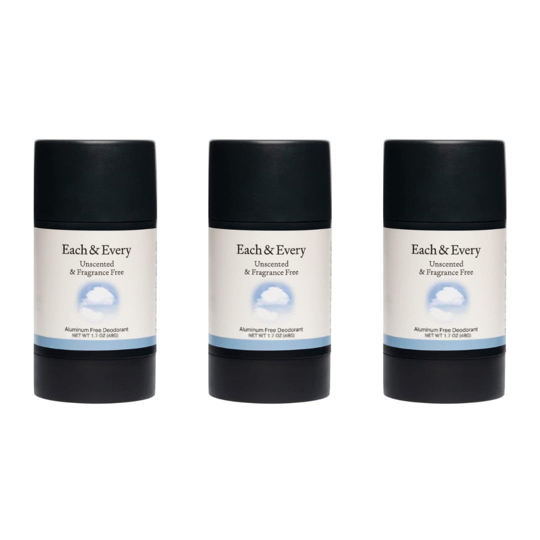 Each Every All Natural Deodorant for Women Men - Sensitive Skin, Plant-Based, Baking Soda Aluminum-Free Deodorant - 24 Hr Odor Control - Unscented Fragrance Free Travel Size (3 Pack, 1.7oz)