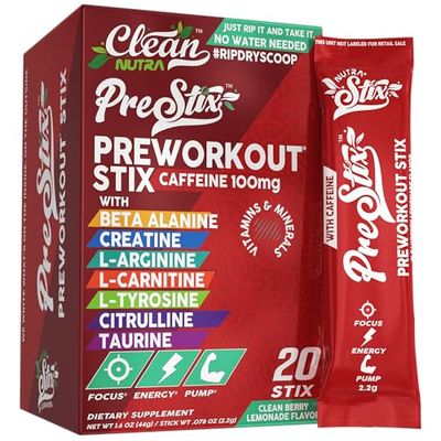 Clean Nutra Pre Workout Powder - Creatine Monohydrate, Caffeine, Citrulline Malate, Beta Alanine, L Carnitine, Taurine, Tyrosine, Electrolytes, Focus, Pump, Energy - 20 Powder Stix