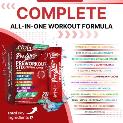 Clean Nutra Pre Workout Powder - Creatine Monohydrate, Caffeine, Citrulline Malate, Beta Alanine, L Carnitine, Taurine, Tyrosine, Electrolytes, Focus, Pump, Energy - 20 Powder Stix