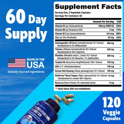 Testosterone Booster Supplement for Men - Male Enhancing Test Boost - Ashwagandha, Tongkat Ali, Rhodiola, Tribulus, Vitamin D3, B6, B12 - Workout, Muscle Builder, Strength, Energy, Performance - 120ct