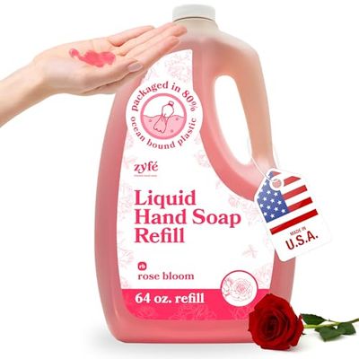 ZYFE Vitamin Hand Soap Refill - Liquid Hand Soap - Natural Plant Derived Moisturizing Handsoap with Essential Oil Fragrance Rose Bloom - Soft Hand Wash for Kitchen Bathroom - Lush Soft Soap 64oz