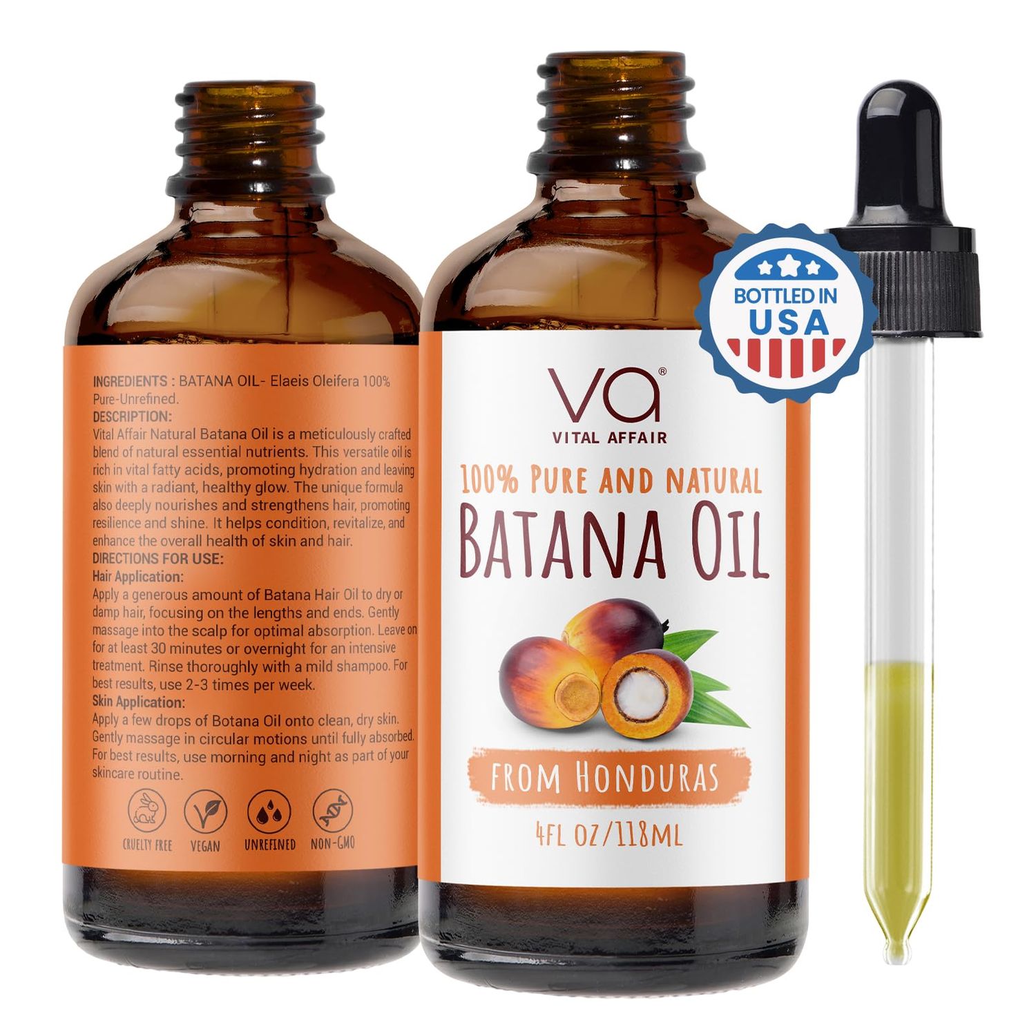 VITAL AFFAIR Batana Oil-Hair Growth Oil-4 Fl Oz-Glass Bottle-Cold Pressed-100 Raw-Dr Sebi Recommended-Essential Nutrients-For Women Men