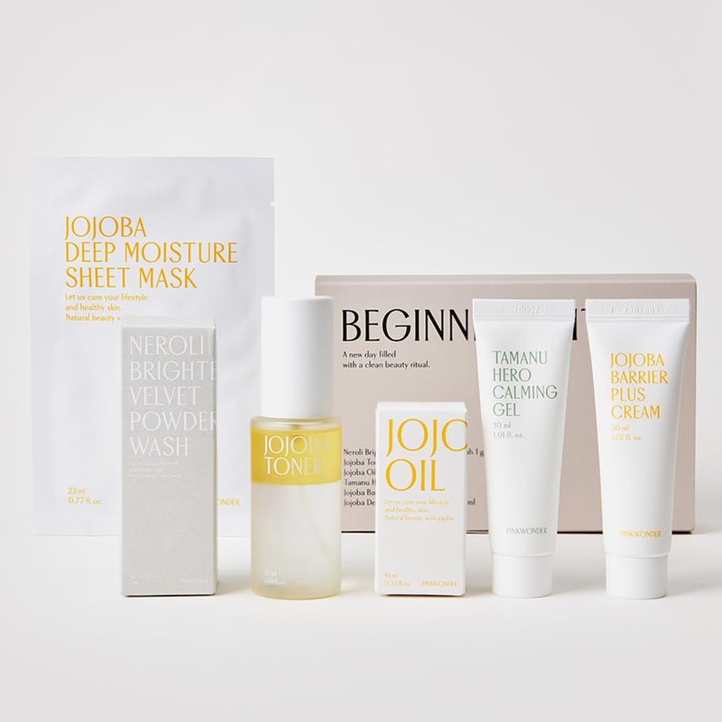 PINKWONDER Beginner Edition Skincare Set USDA Organic Jojoba Oil Hydrating Soothing Routine Travel Essentials for Women Korean Skincare Gift