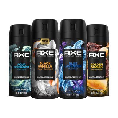 AXE Fine Fragrance Collection Premium Deodorant Body Spray for Men - Variety Pack - Blue Lavender, Aqua Bergamot, Golden Mango, Black Vanilla - Pack of 4 72H Odor Protection, Aluminum Free, 4 oz