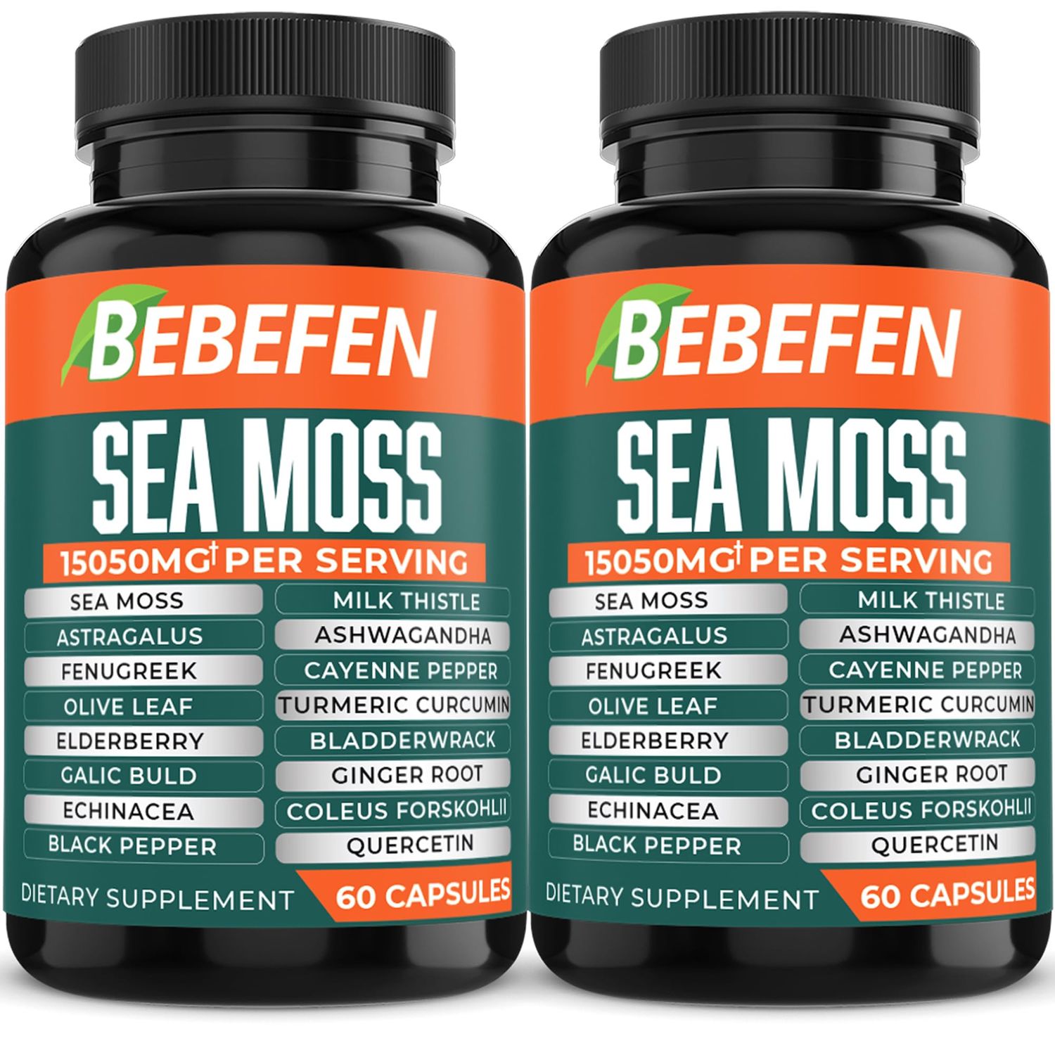 BEBEFEN (2 Packs) 15050mg Sea Moss Capsules with Ashwagandha, Fenugreek, Bladderwrack and More - Immune System Body Management