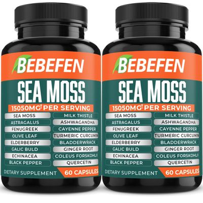 BEBEFEN (2 Packs) 15050mg Sea Moss Capsules with Ashwagandha, Fenugreek, Bladderwrack and More - Immune System Body Management