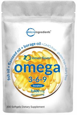 Ultra Omega 3-6-9 3600mg Perserv, 300 Burpless Softgels Lemon Flavor - Blend of Fish, Flaxseed, Borage Oils Bioavailable Source, Non-GMO, No Gluten, Mercury Free