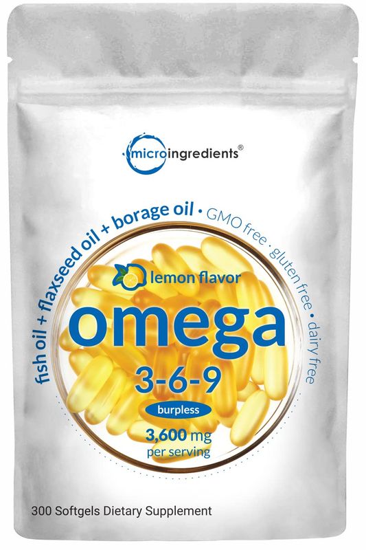 Ultra Omega 3-6-9 3600mg Perserv, 300 Burpless Softgels Lemon Flavor - Blend of Fish, Flaxseed, Borage Oils Bioavailable Source, Non-GMO, No Gluten, Mercury Free