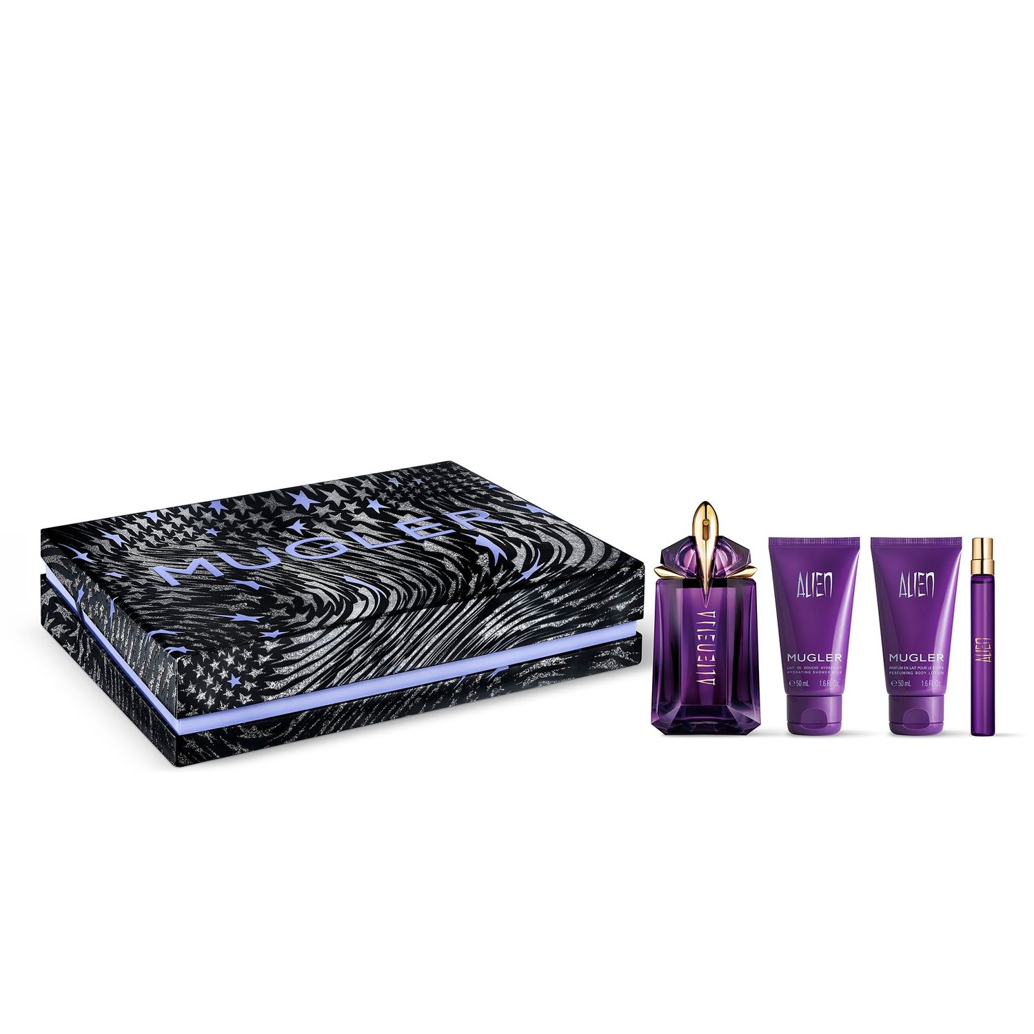 Mugler Alien - Eau de Parfum - Women&#39;s Fragrance Set - Floral Woody - With Jasmine, Wood, and Amber - Perfume, 2 Fl Oz, 1.6 Fl Oz Body Lotion, 1.6 Fl Oz Shower Gel, 0.33 Fl Oz Travel Size Perfume