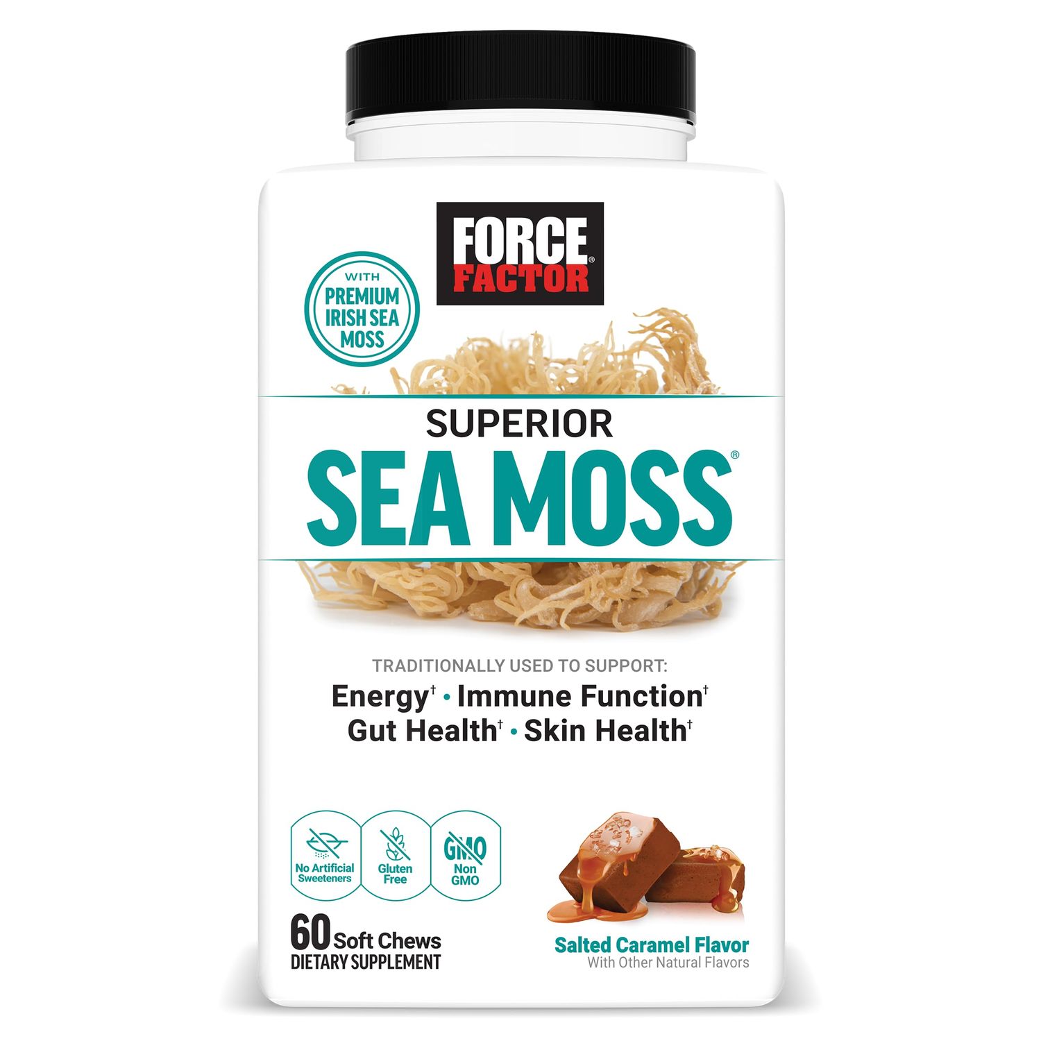 FORCE FACTOR Superior Sea Moss, Premium Irish Sea Moss to Support Energy, Immune Function, Gut Health, Skin Health, Non-GMO, Gluten Free, Salted Caramel Flavor, 60 Soft Chews