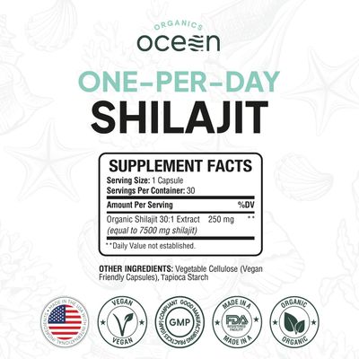 Organics Ocean One-Per-Day Shilajit for Men and Women - Natural Shilajit Supplement for Age-Defying, Bone Strength, Hormone Support and More - 30 Shilajit Capsules