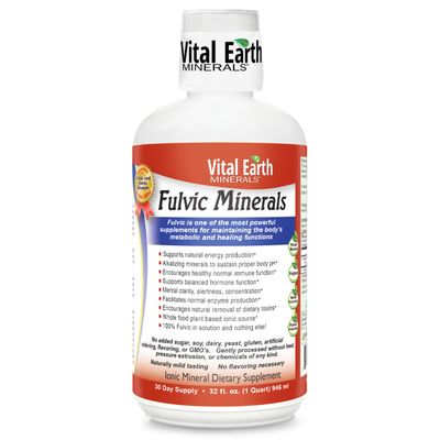 Vital Earth Minerals Fulvic Minerals Liquid - Fulvic Acid Supplement with 70 Trace Minerals, Electrolytes for Energy Vitality, 32 Oz 1 Oz Cup