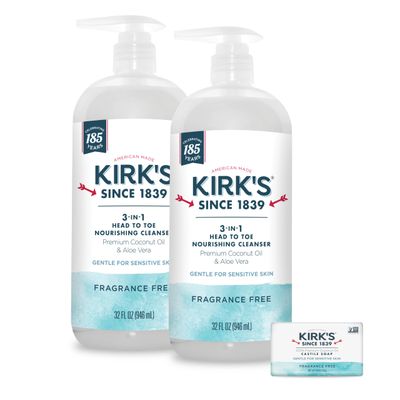 Kirk&#39;s 3-in-1 Head to Toe Nourishing Liquid Cleanser Travel Size Bar Soap - for Men, Women Children - Premium Coconut Oil and Aloe Vera- Non GMO Vegan -Fragrance Free - 32 Fl Oz. 2 pack
