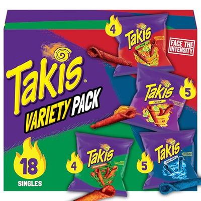 Takis 18 pc 1 oz Variety Pack, Assorted Flavored Mixed Rolled Tortilla Chips - (5) Fuego 1 oz, (5) Blue Heat 1 oz, (4) Nitro 1 oz, (4) Crunchy Fajitas 1 oz