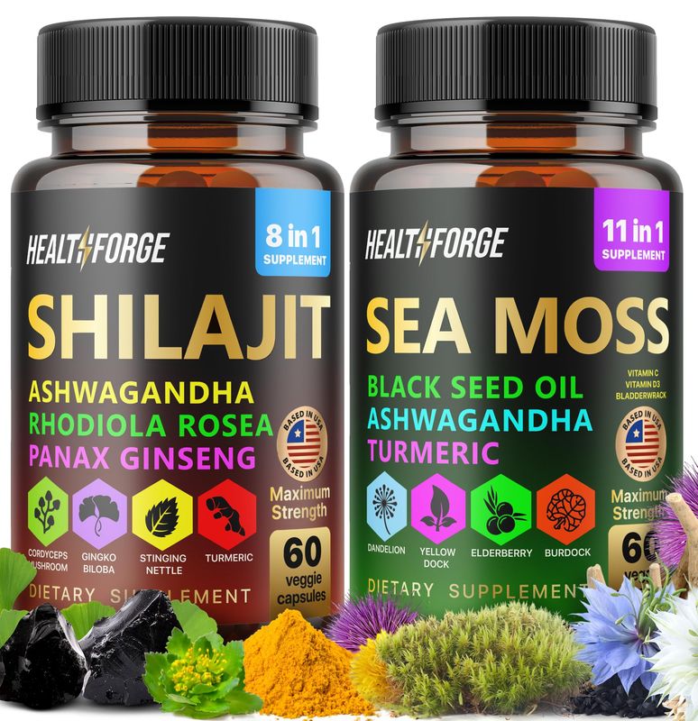 Shilajit, Ashwagandha Capsules Sea Moss Capsules Black Seed Oil Capsules Ashwagandha, Turmeric - Shilajit for Woman Men Immune Support Rhodiola Rosea, Shilajit 60 Capsules Sea Moss 60 Capsules Set