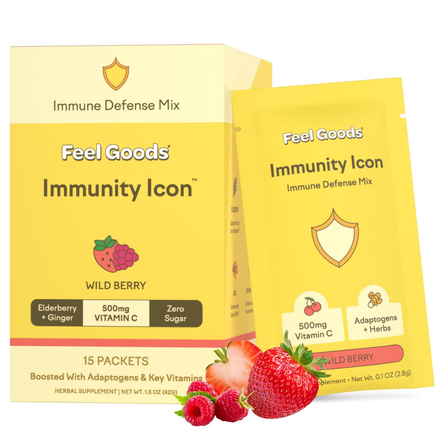 Feel Goods Immunity Icon, Zero Sugar, Vitamin C, A, B, D, E Zinc, Organic Elderberry, Ashwagandha, Drink Mix Powder, Vegan, Non GMO, Caffeine Gluten Free Wild Berry, 15 Count