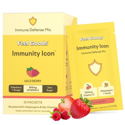 Feel Goods Immunity Icon, Zero Sugar, Vitamin C, A, B, D, E Zinc, Organic Elderberry, Ashwagandha, Drink Mix Powder, Vegan, Non GMO, Caffeine Gluten Free Wild Berry, 15 Count