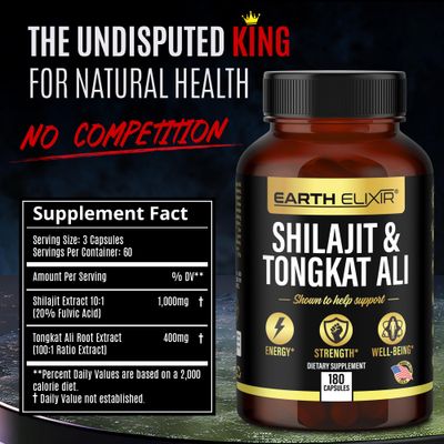 Earth Elixir Shilajit 1000mg Tongkat Ali 400mg (180 Capsules) Made in USA-Shilajit Supplement (20 Fulvic Acid) Shilajit Pure Himalayan Organic Tongkat Ali for Men More Potent Than Shilajit Resin