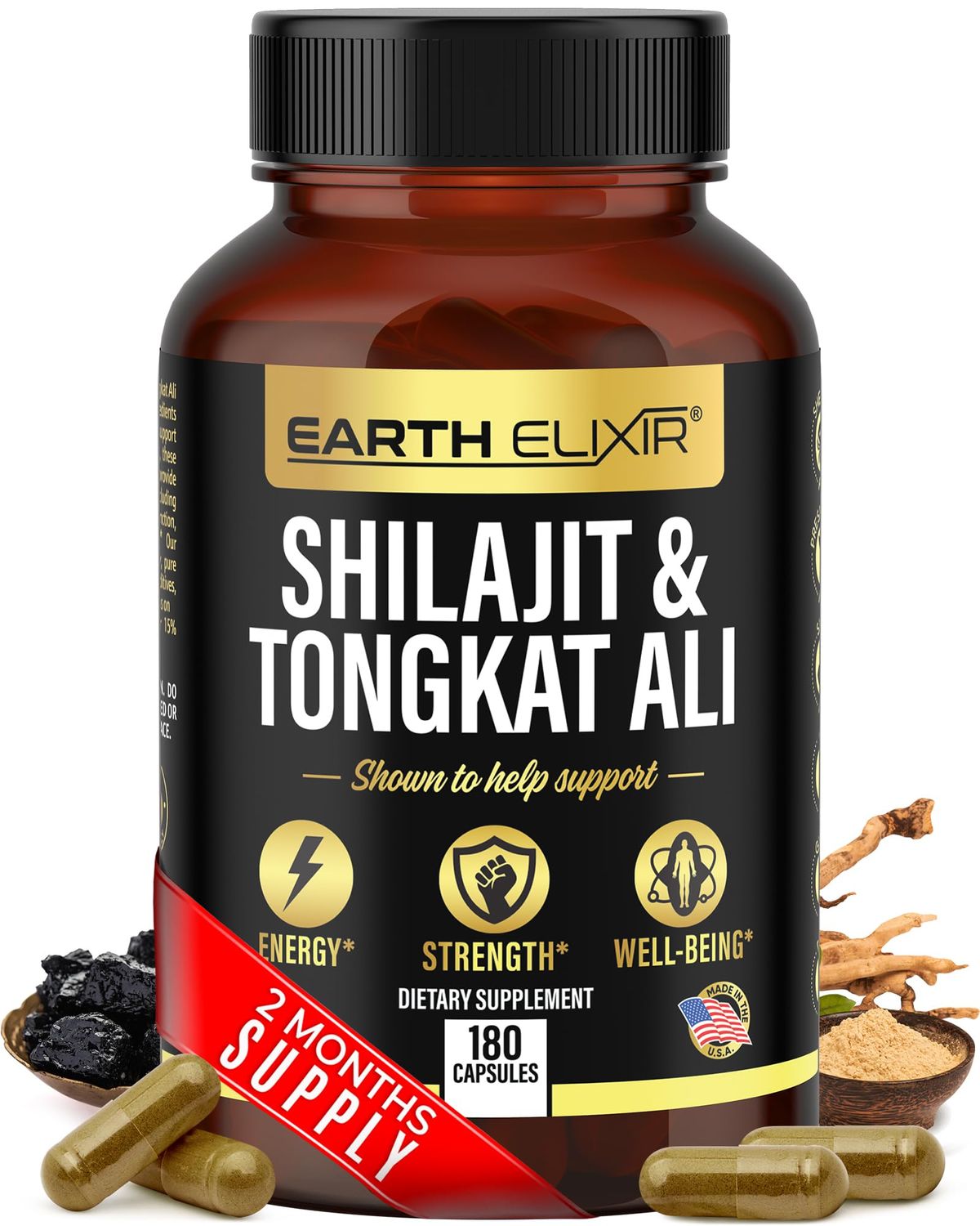 Earth Elixir Shilajit 1000mg Tongkat Ali 400mg (180 Capsules) Made in USA-Shilajit Supplement (20 Fulvic Acid) Shilajit Pure Himalayan Organic Tongkat Ali for Men More Potent Than Shilajit Resin