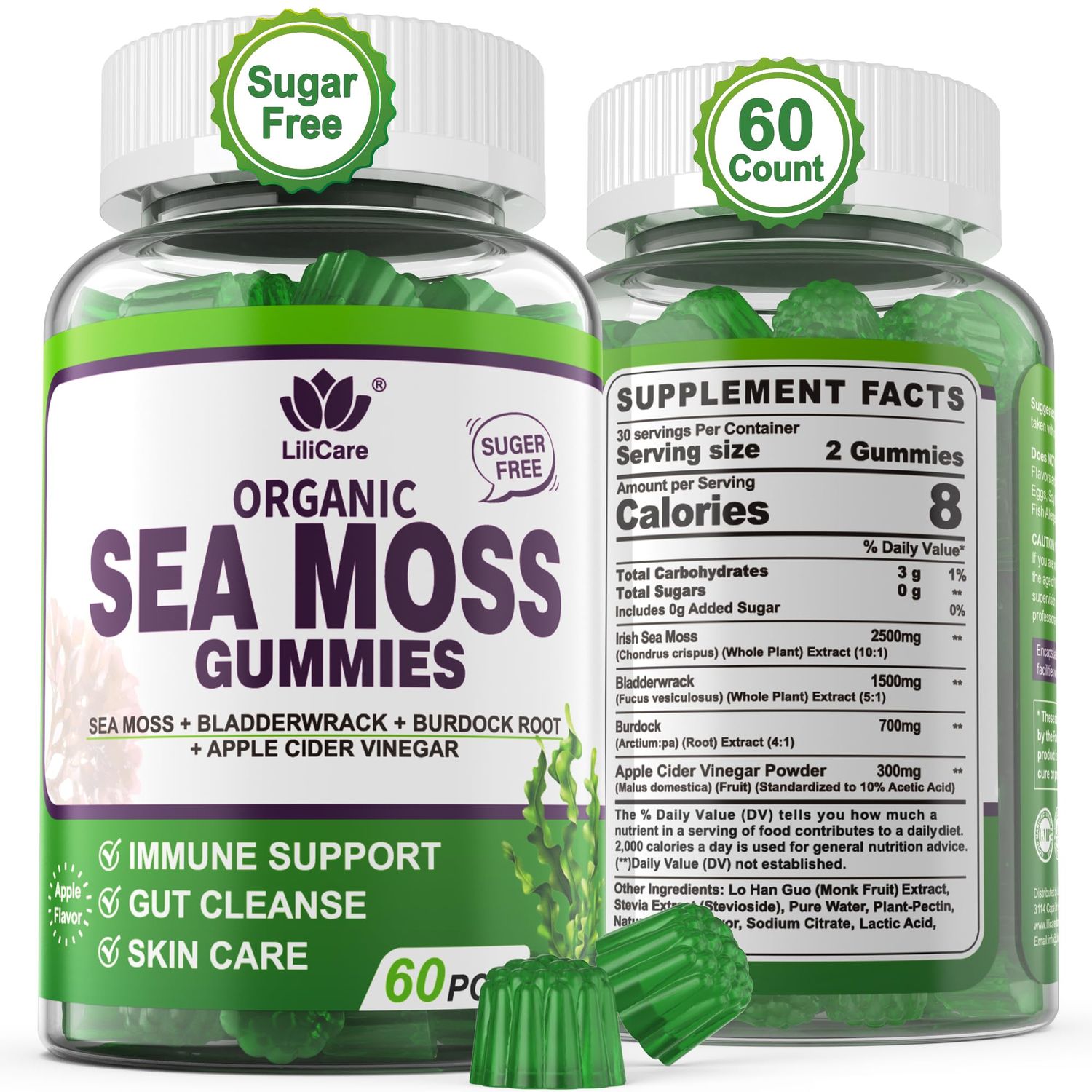 EnvyDeal Sea Moss Gummies- Immune Thyr0id Support, Organic Irish Sea Moss Supplement for Adults Kids wBurdock Root, Bladderwrack, Apple Cider Vinegar - Gut, Skin Health, Sugar Free, Vegan, 60Cts